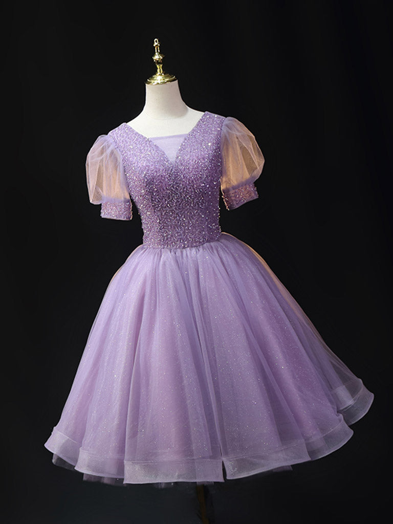 PURPLE V-NECK TULLE SEQUIN MIDI PROM DRESS