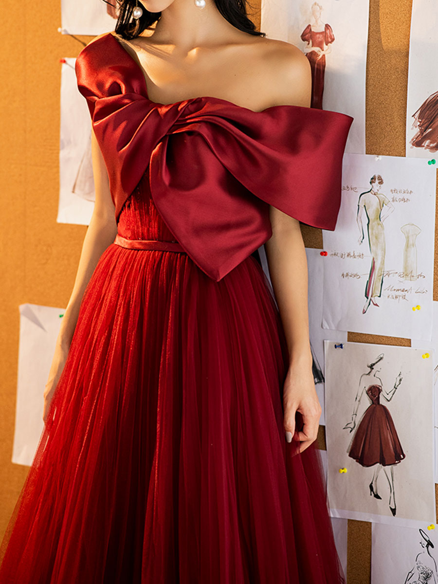 BURGUNDY A-LINE TULLE DRESS FOR WEDDING GUEST