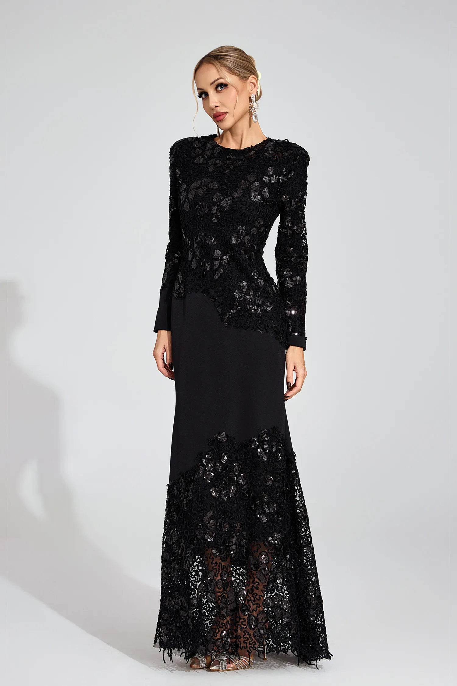 JOANNA BLACK EMBROIDERED MAXI DRESS LONG SLEEVE