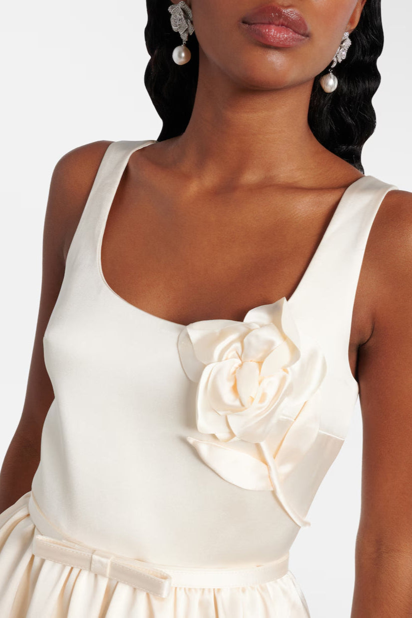 POLLY FLORAL APPLIQUÉ SATIN MIDI DRESS IVORY WEDDING GUEST
