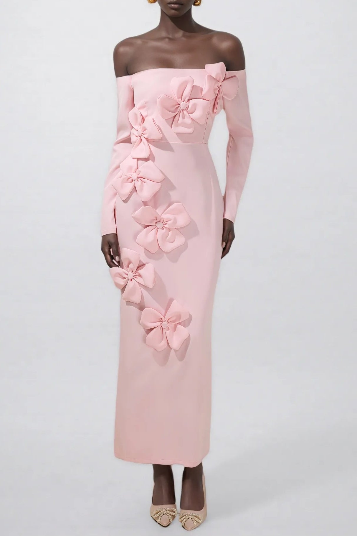 HILARY PINK 3D FLOWER STRAPLESS MIDI DRESS