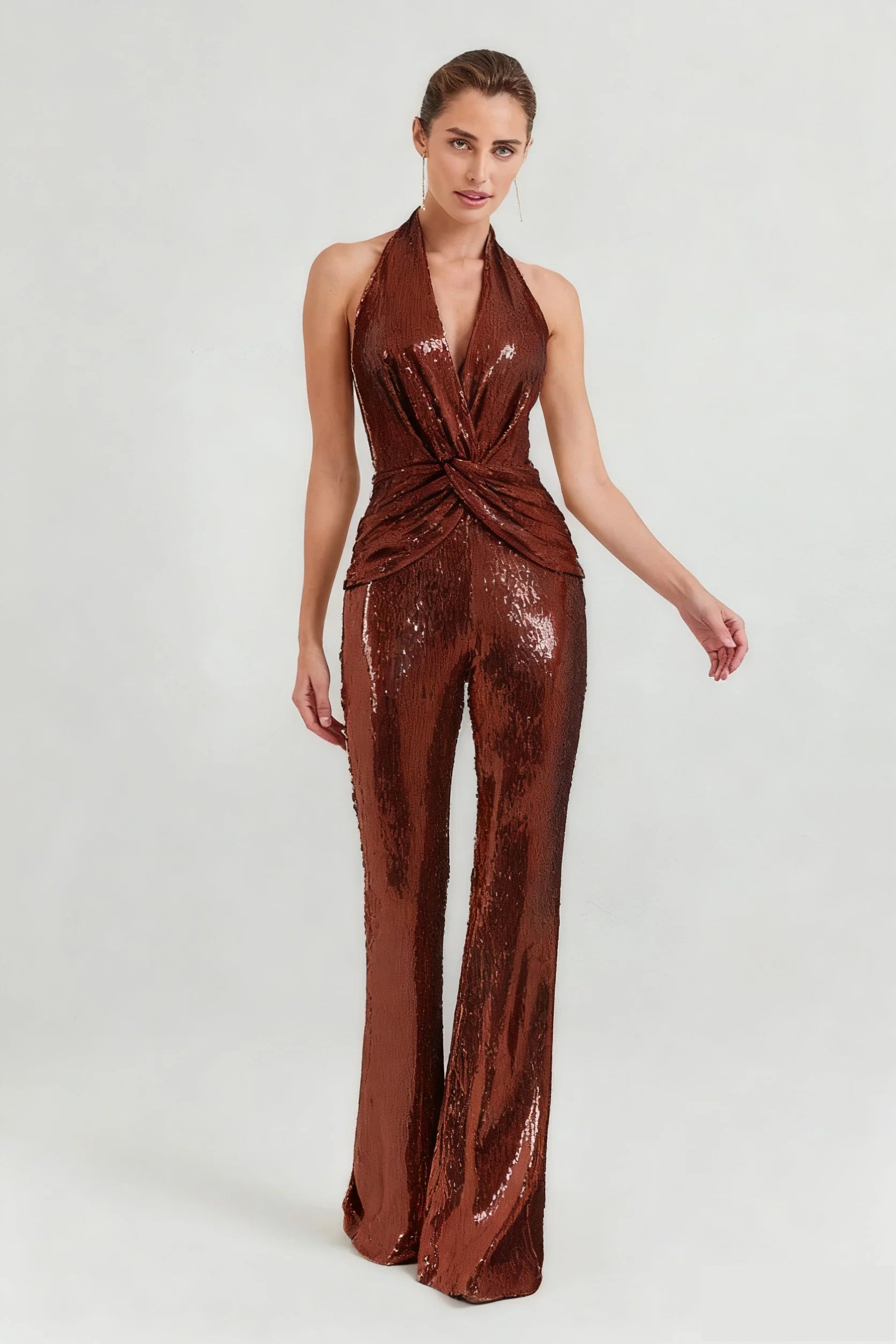 NORA BROWN SEQUIN HALTER FLARED JUMPSUIT