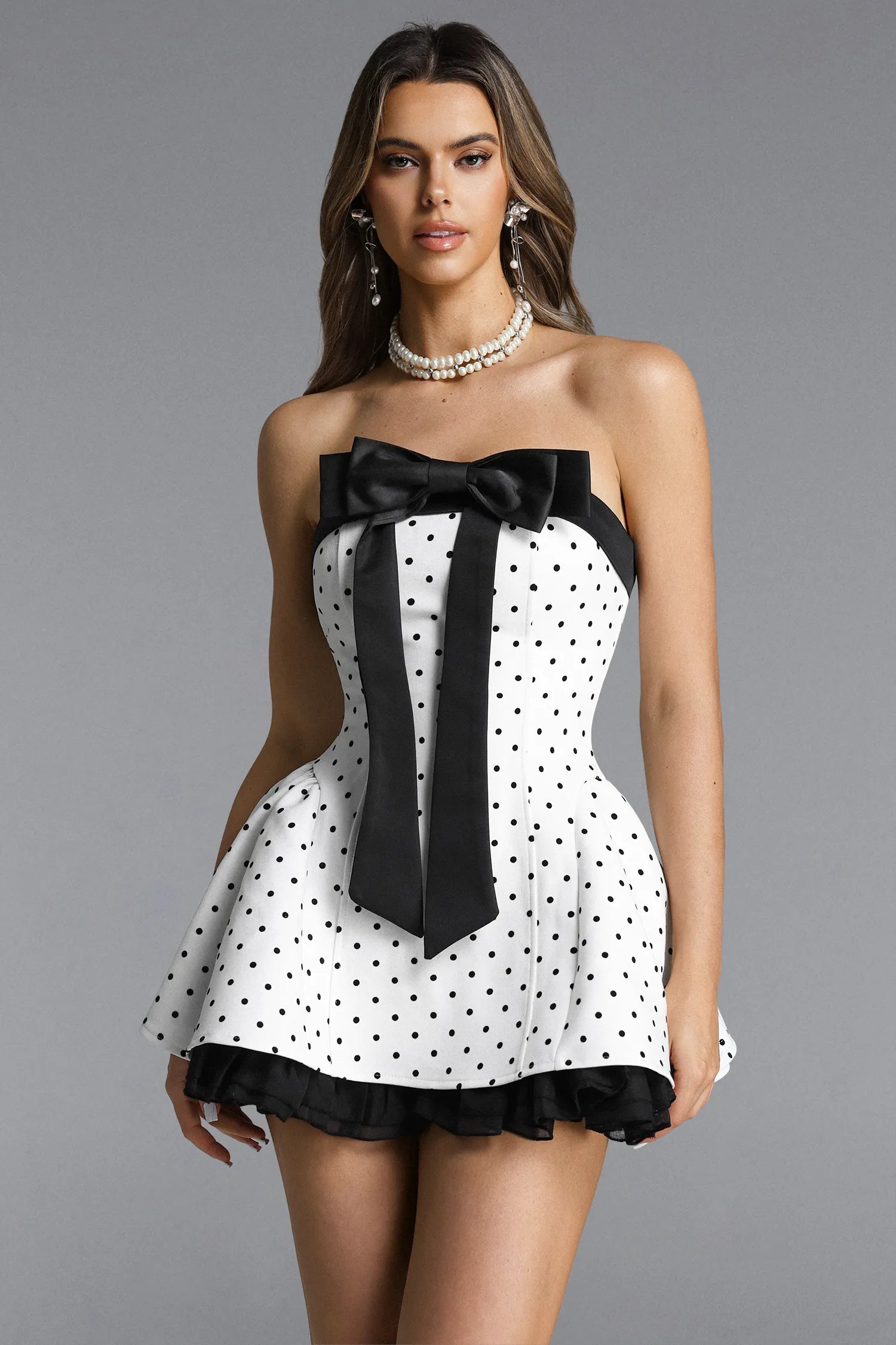 OCTAVIA WHITE POLKA DOT STRAPLESS BOW MINI DRESS