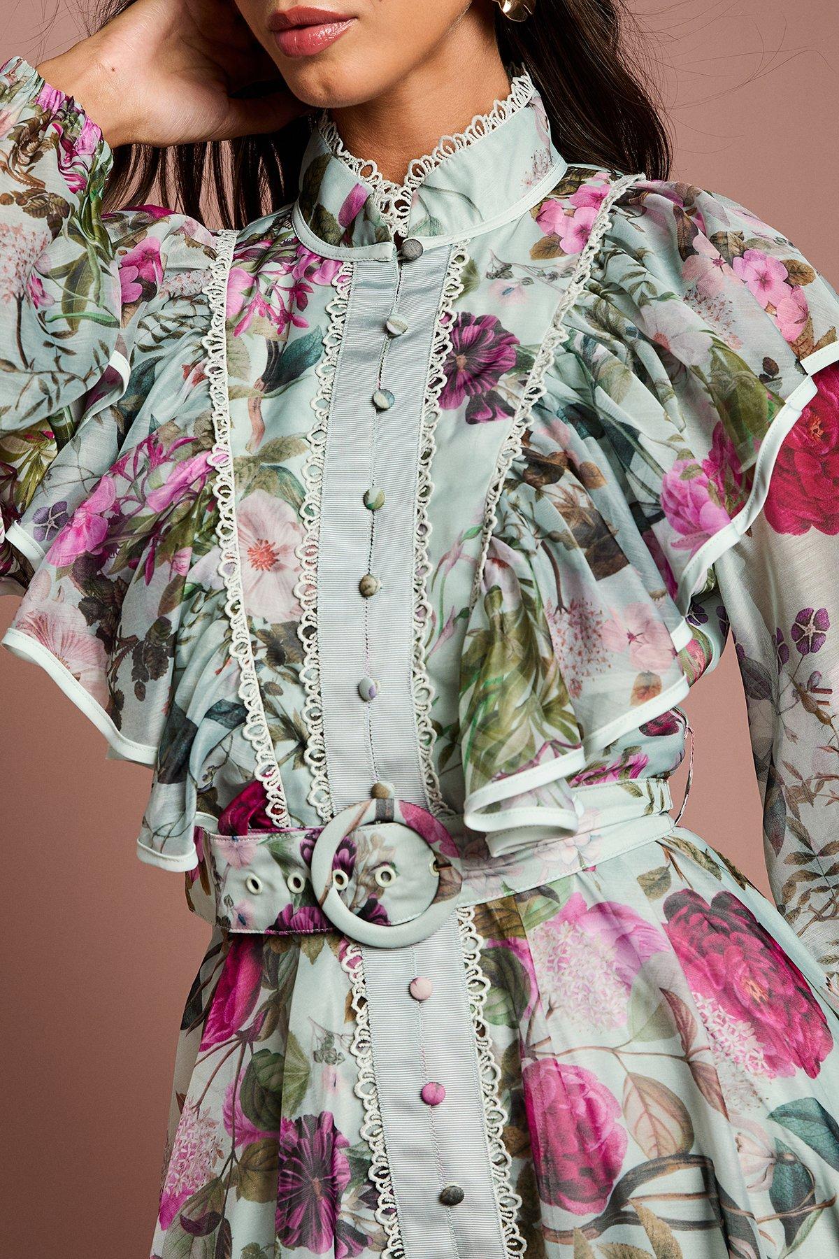 GREEN PRINTED ORGANZA MIDI SHIRT DRESS