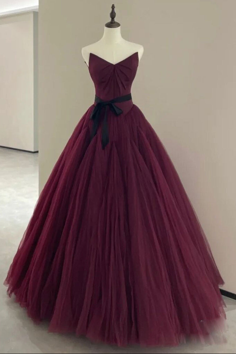 A-LINE BURGUNDY TULLE PARTY DRESS