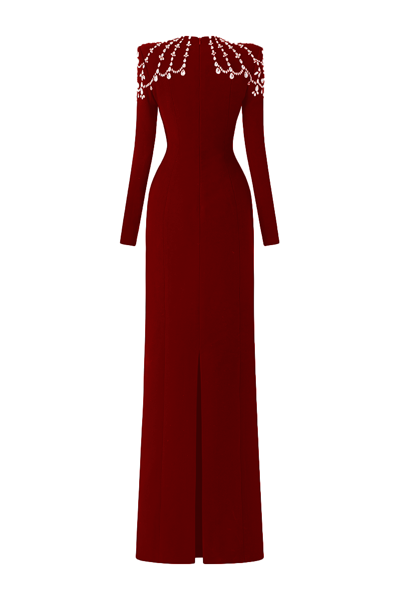 LONG SLEEVE TRAPEZOID NECKLINE BODYCON MAXI RED DRESS