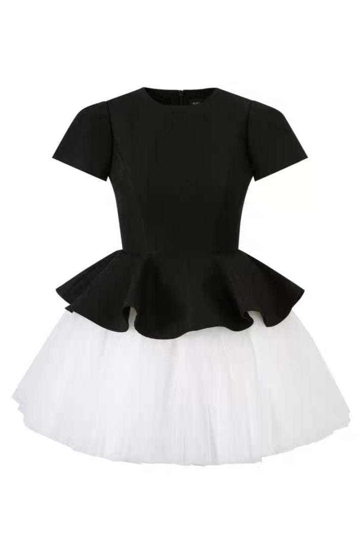 TWO-TONE VELVET PUFFY RUFFLE MINI DRESS