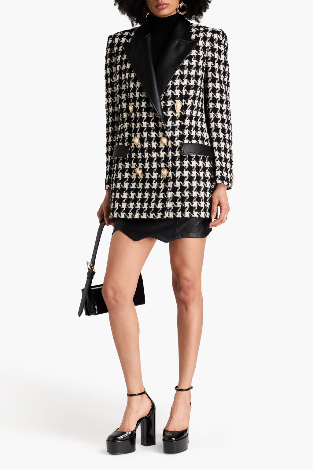 BLACK DOUBLE-BREASTED HOUNDSTOOTH TWEED BLAZER