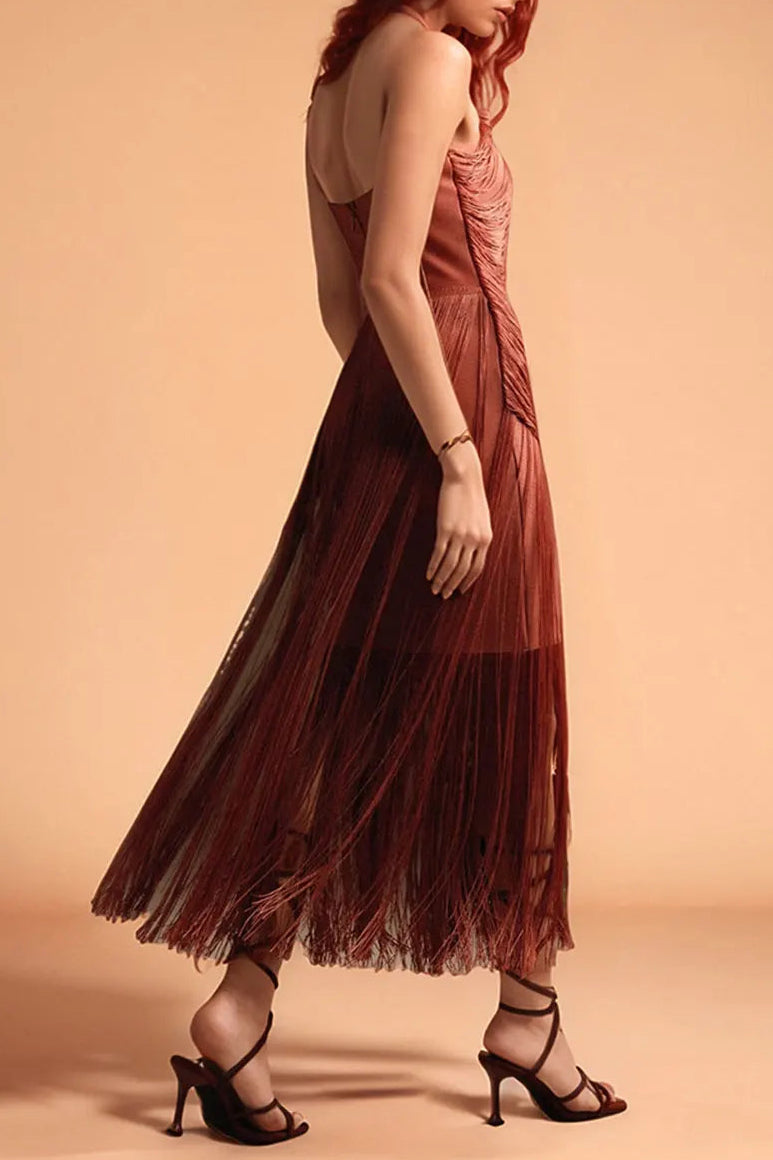 NICOLA PLEATED HALTER FRINGE MAXI DRESS BROWN