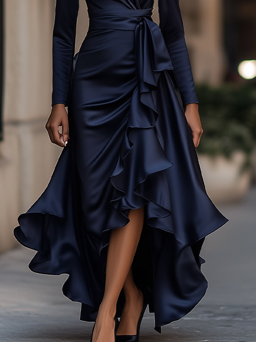 MIDNIGHT BLUE DRAPED SATIN MAXI DRESS, RUFFLE EVENING GOWN