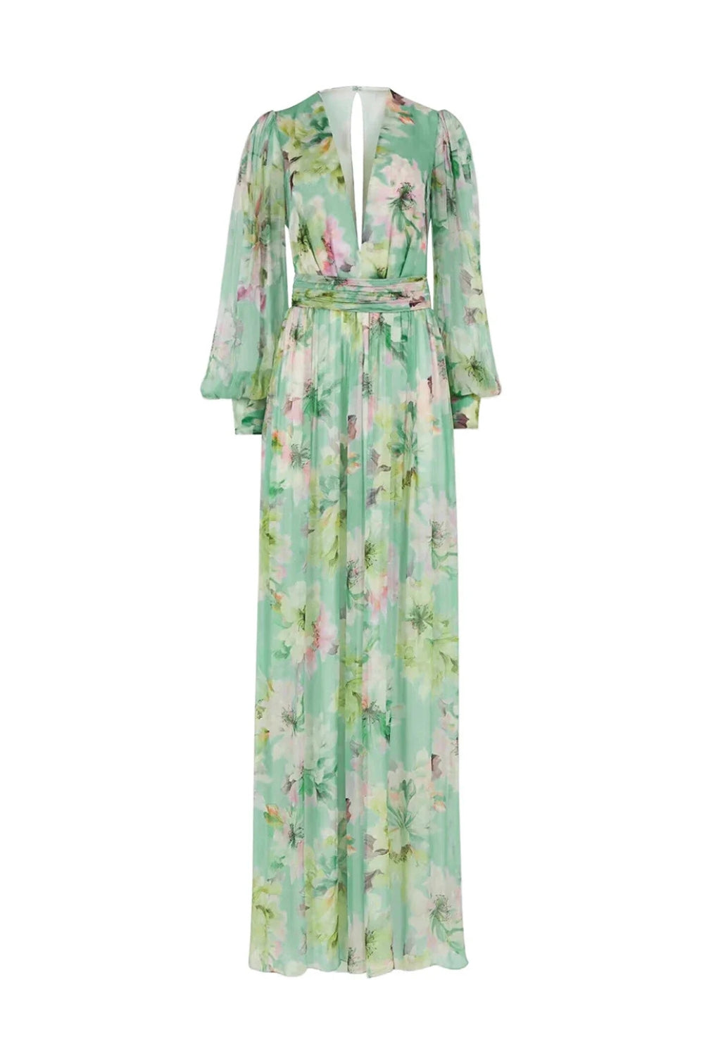 V-NECK FLORAL CHIFFON MAXI DRESS GREEN