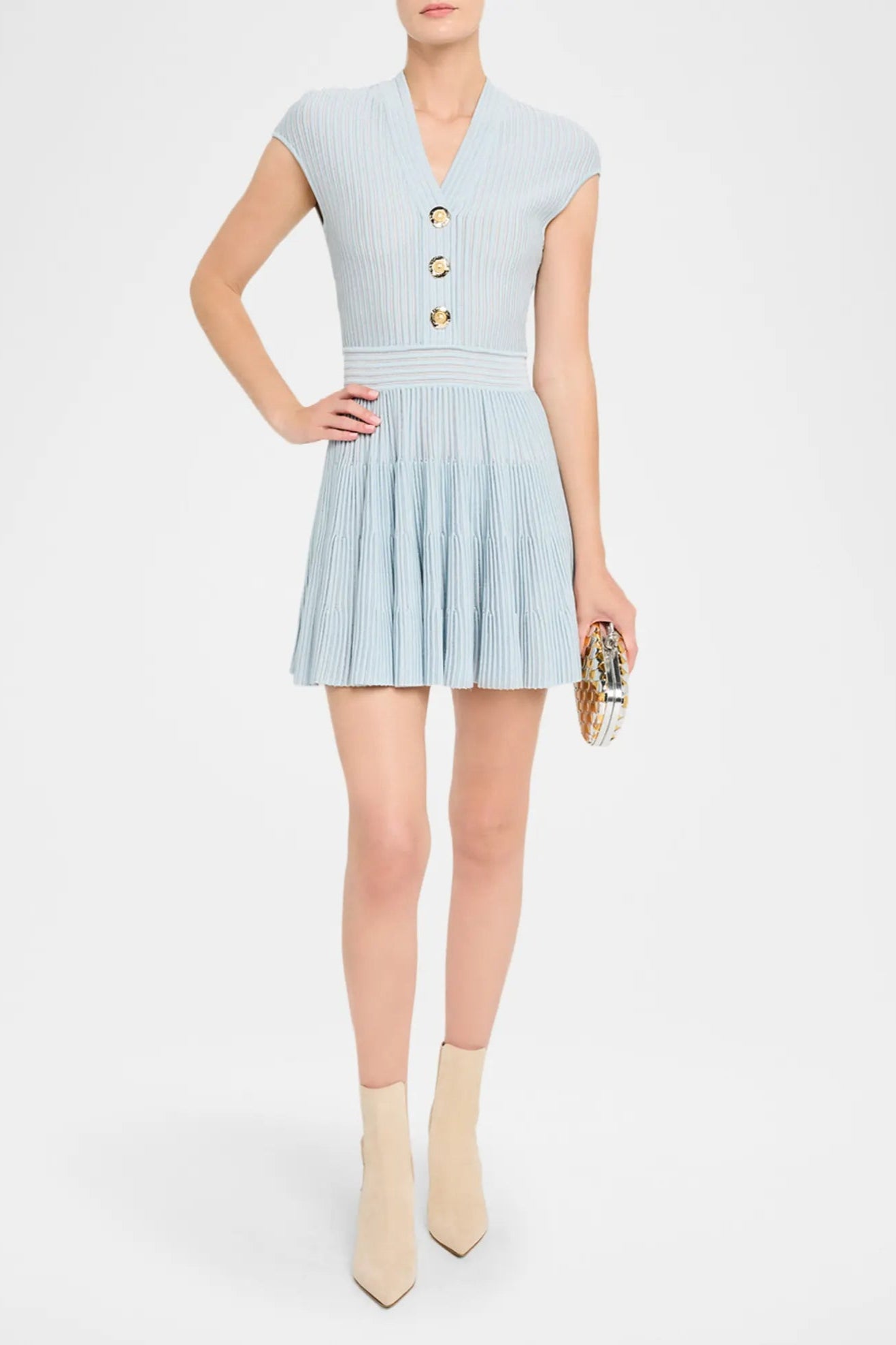 SHORT SLEEVE KNIT FLARE MINI DRESS IN BLUE