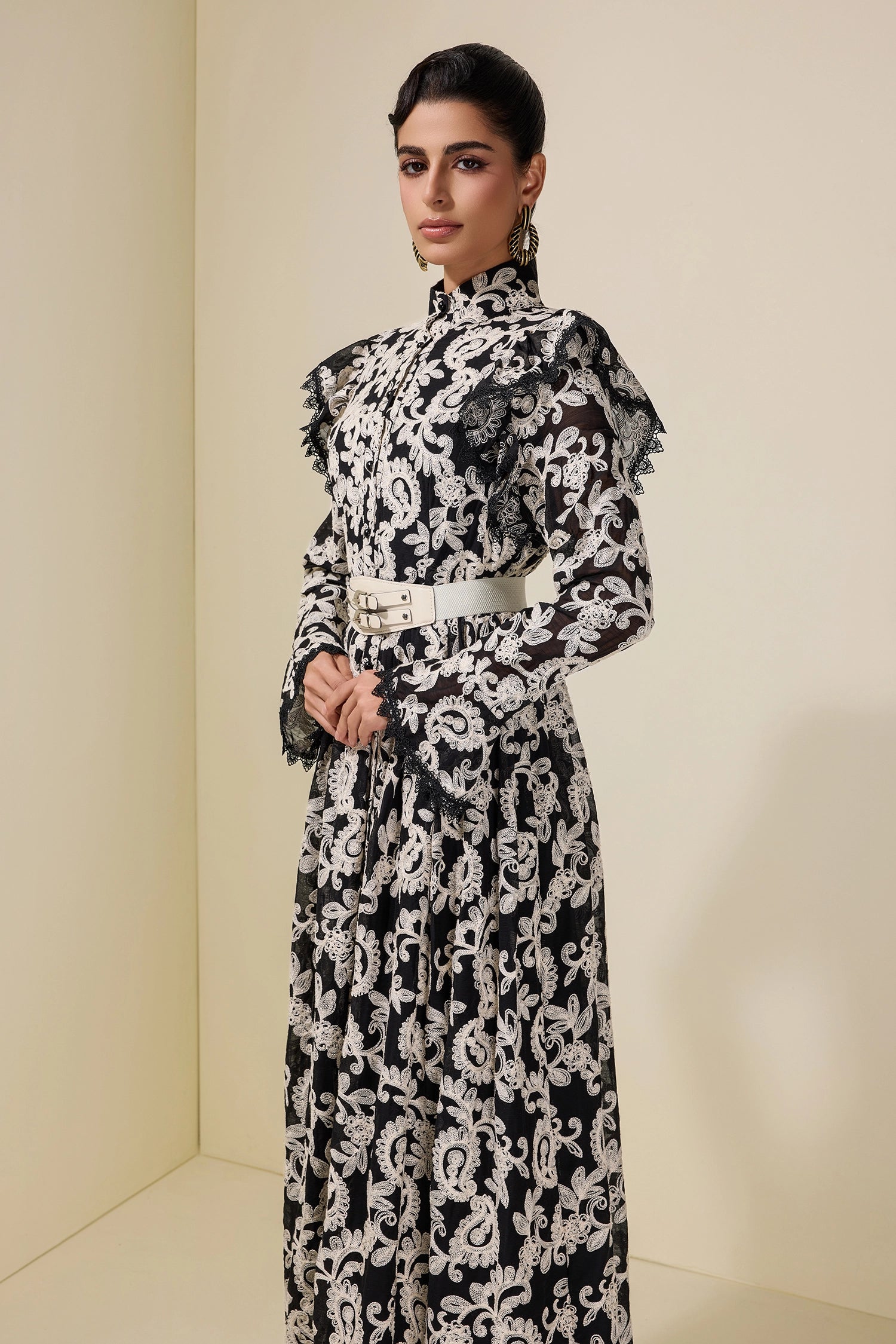 ALMA EMBROIDERED MIDI DRESS, BLACK, SINGLE BREASTED