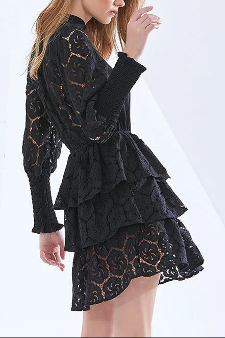 VANESSA BLACK LACE MINI DRESS, LONG SLEEVE