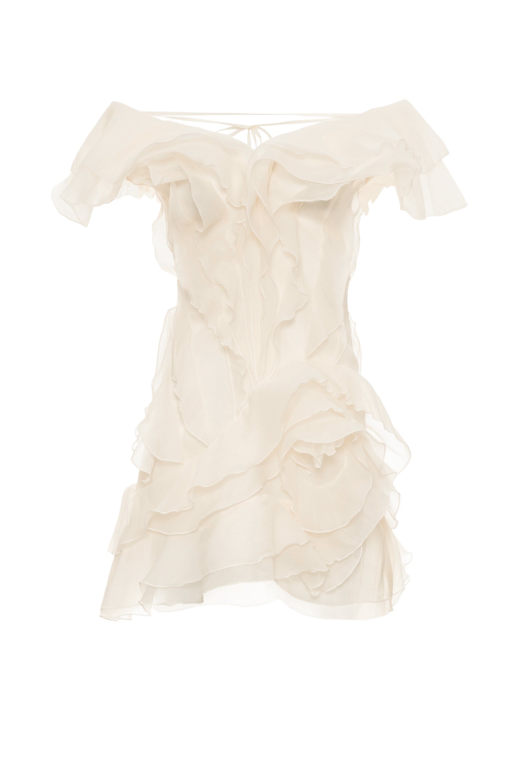 THEIA STRAPLESS RUFFLE MINI DRESS, BEIGE