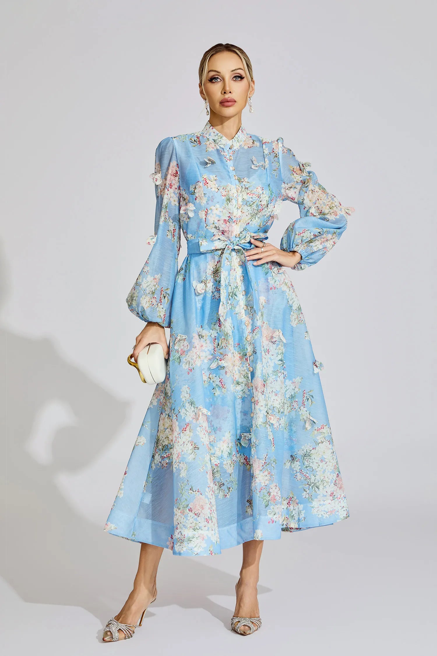 TIFFANY PALE BLUE FLORAL PUFF SLEEVE MAXI DRESS