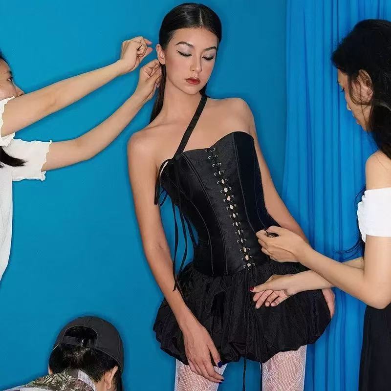 GOTHIC LACE-UP ASYMMETRIC BANDEAU TULIP MINI DRESS