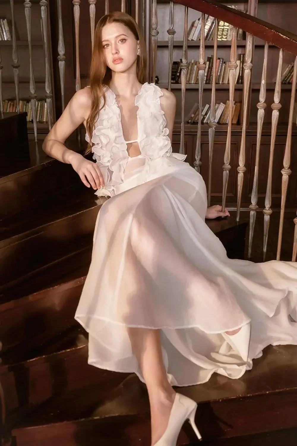 CHIC WHITE PLEATED RUFFLE MAXI DRESS