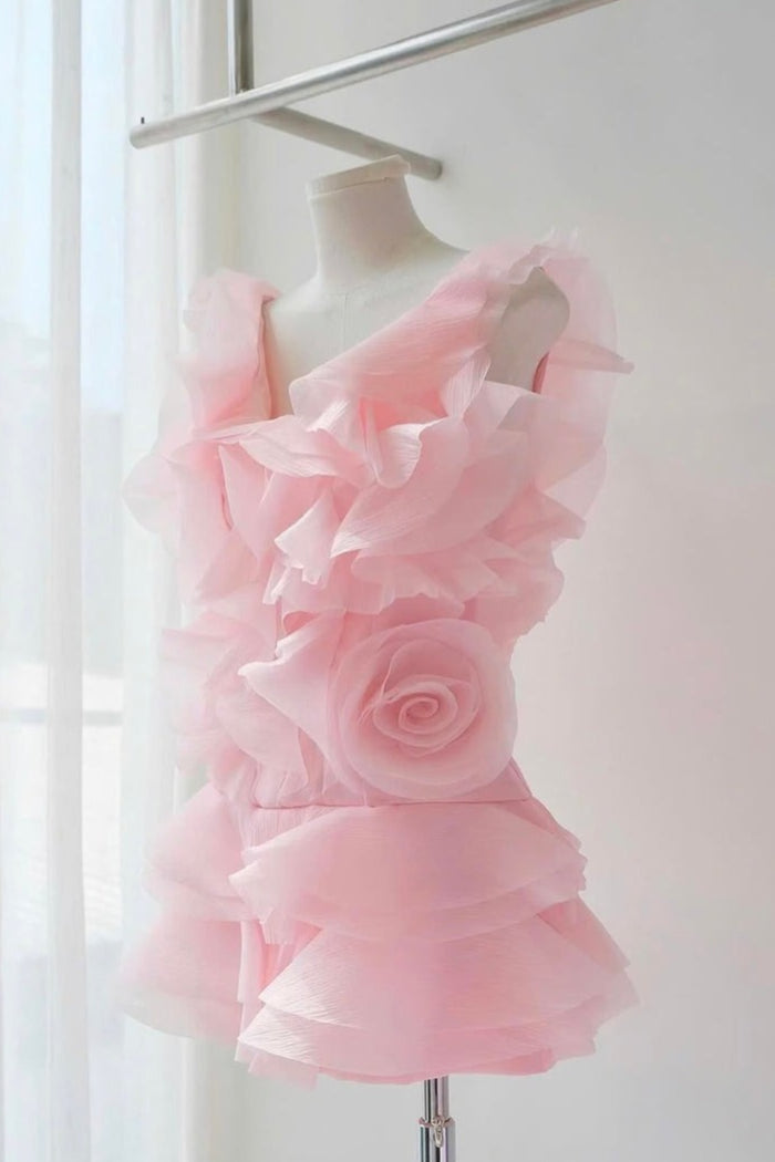THEIA PINK RUFFLE STRAPLESS MINI DRESS