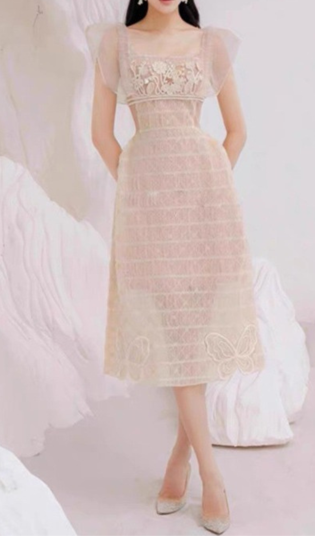 SQUARE NECK LACE MIDI DRESS BEIGE WEDDING GUEST