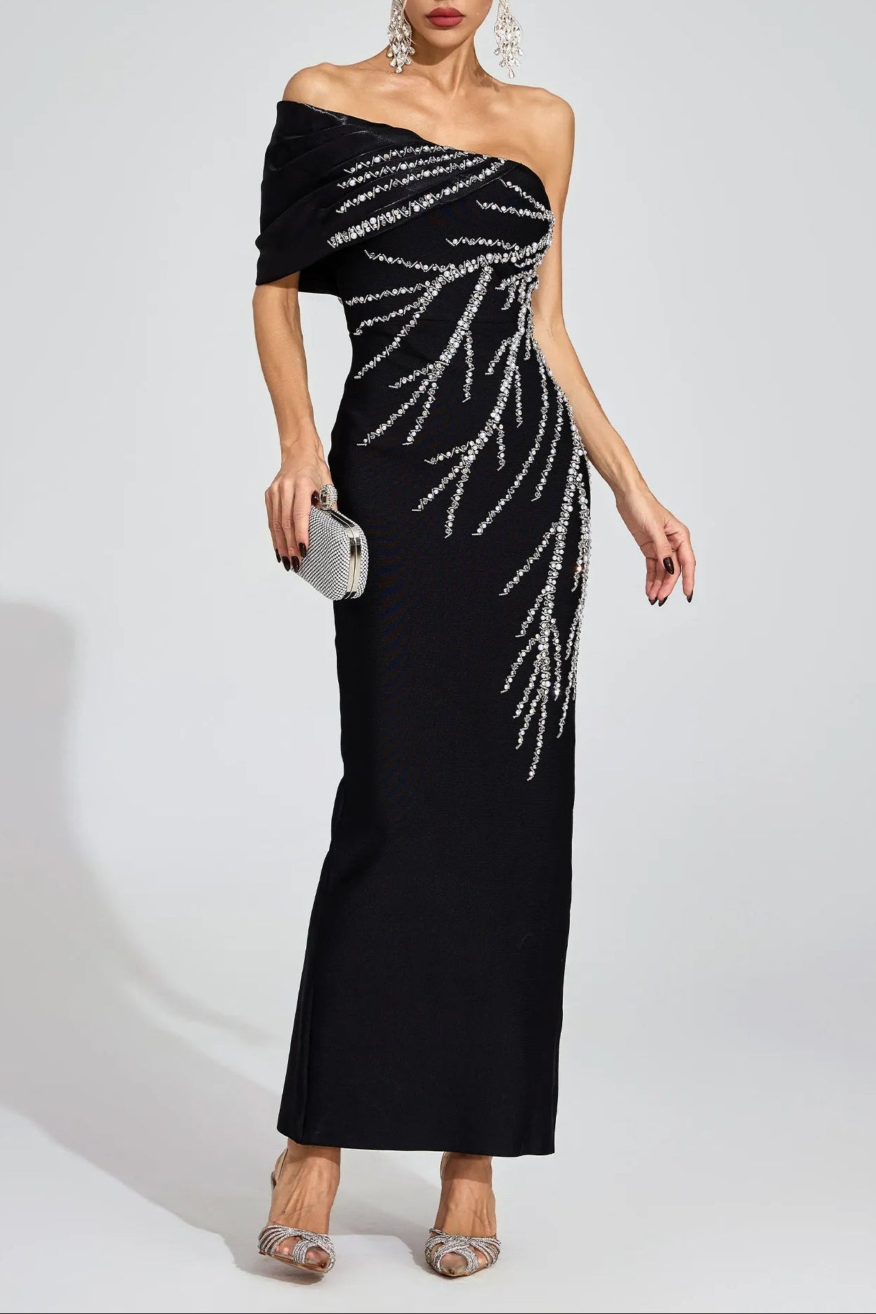 XAVIERA BLACK BANDAGE STRAPLESS MAXI DRESS