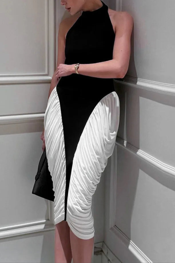 COLORBLOCK PATCHWORK SLEEVELESS PLEATED MIDI DRESS