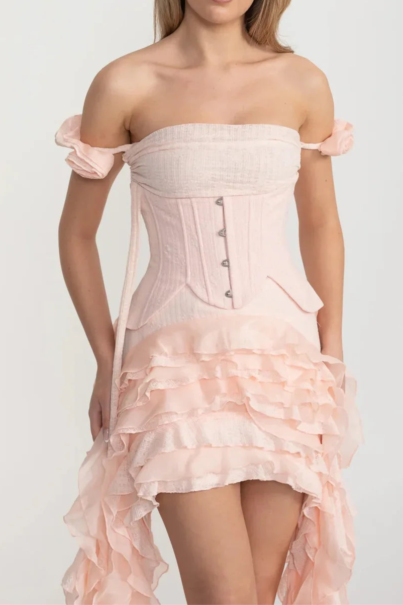 VINTAGE PINK CORSET DRESS, RUFFLED BUSTIER, FLOWING SIDE DETAILS