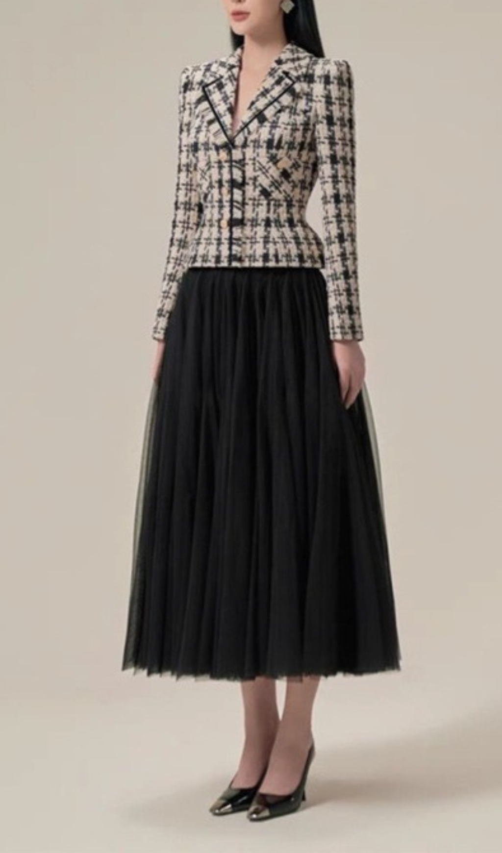 PLAID MESH SKIRT SUIT FOR OFFICE PARTY