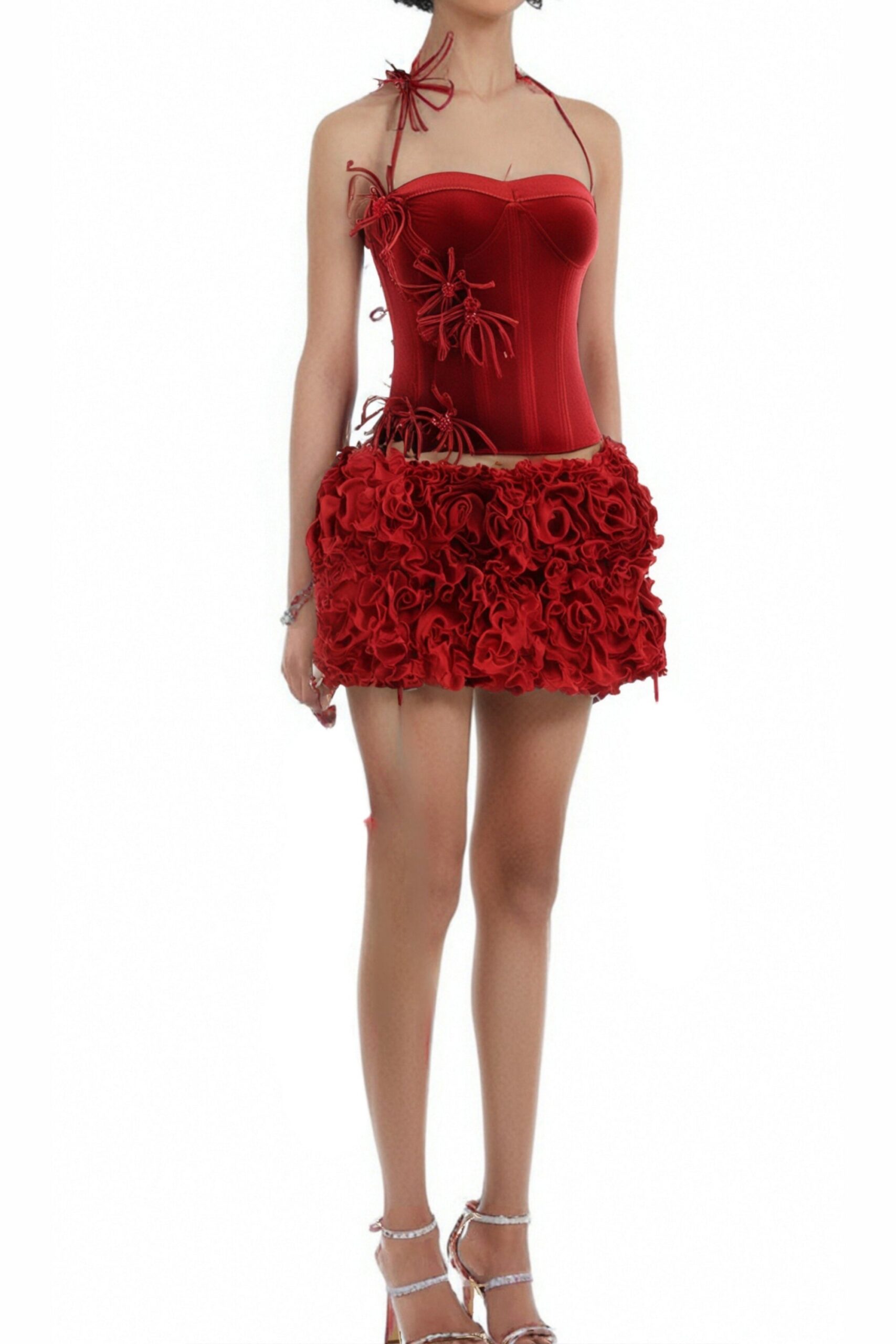 RED CORSET FLORAL MINI SKIRT SUIT FOR PARTY