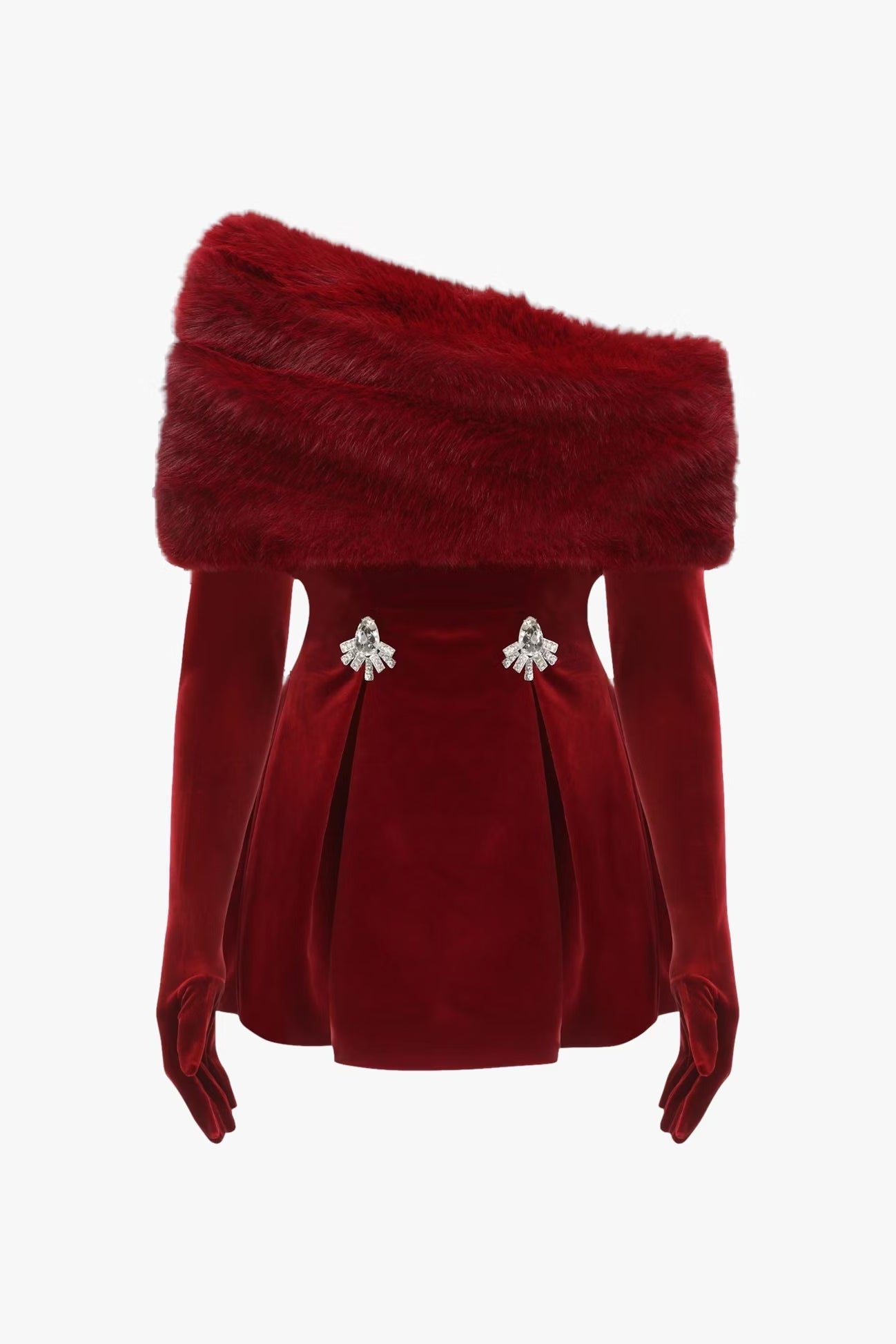 RED FUR VELVET LONG SLEEVE MINI DRESS