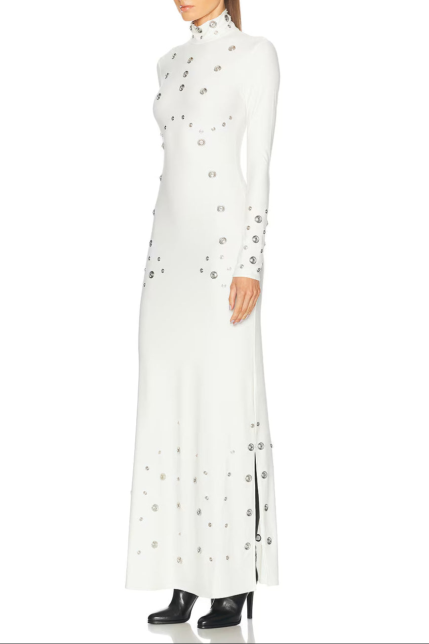 EMBELLISHED STRETCH-JERSEY MAXI DRESS WHITE