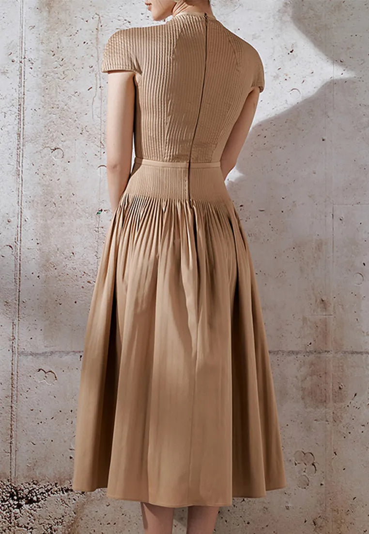EMILY V-NECK PLEATED MIDI DRESS KHAKI