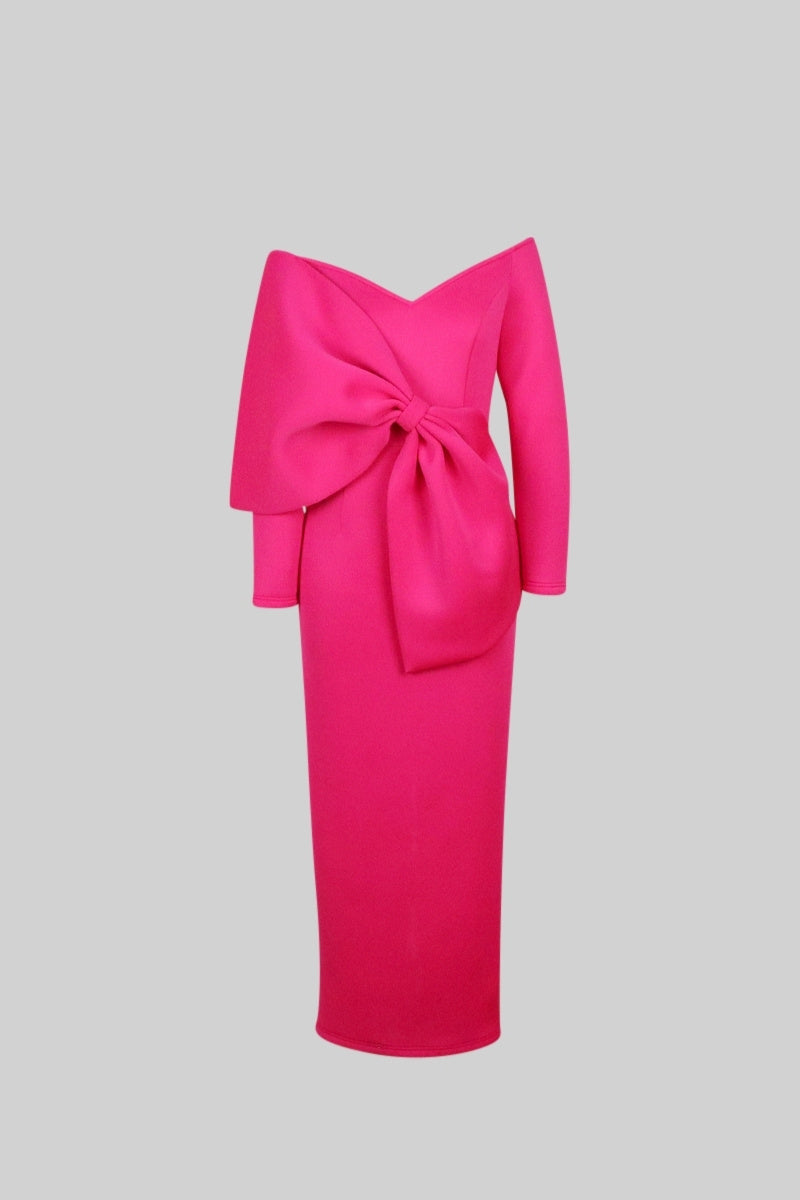 LONG SLEEVE CUTOUT RIBBON MIDI DRESS FUCHSIA
