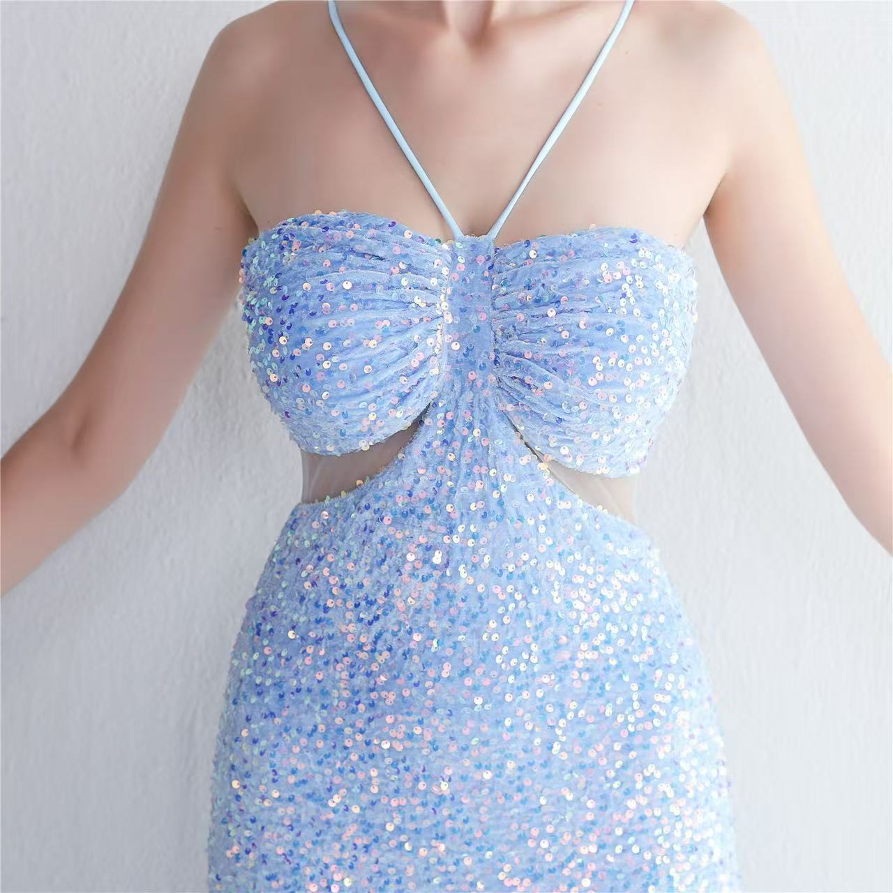 MARIAN BLUE SEQUIN HALTER CUTOUT MAXI DRESS