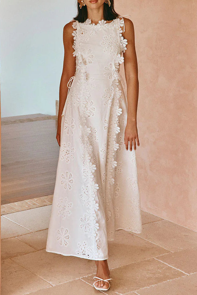 LACE MIDI DRESS: EMBROIDERED HOLLOW WHITE WEDDING