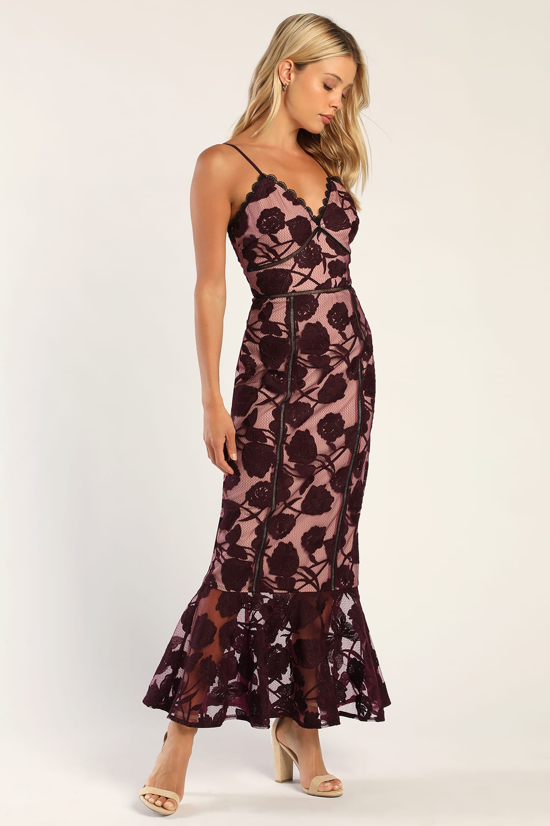 DARK PURPLE FLORAL LACE TRUMPET MIDI DRESS