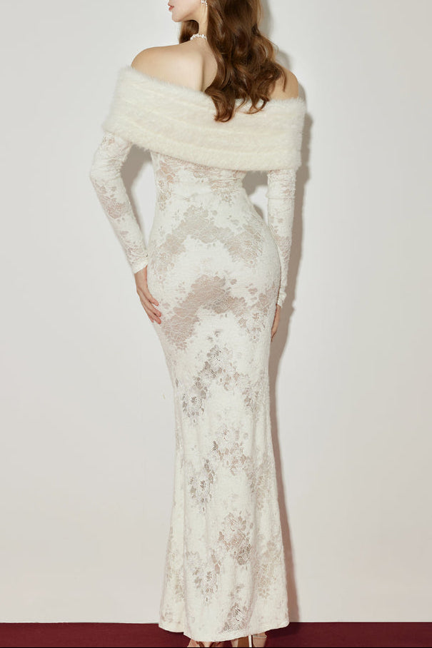 JULIA OFF-SHOULDER FUR COLLAR LACE WHITE MAXI DRESS