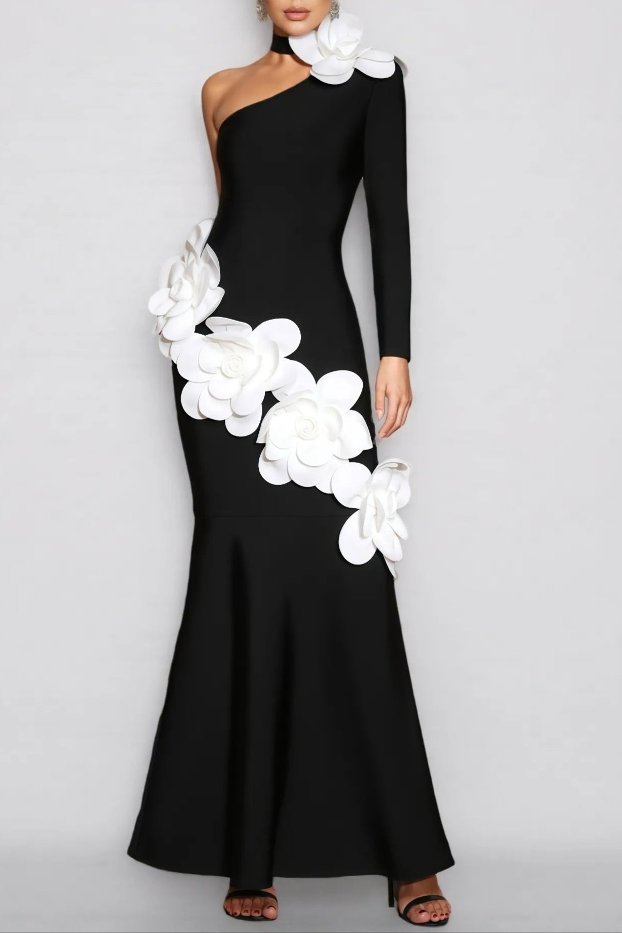 9556aeb1-55d1-49d8-b53f-c973d60f495e GEMMA ONE SHOULDER 3D FLOWER BANDAGE MAXI DRESS BLACK