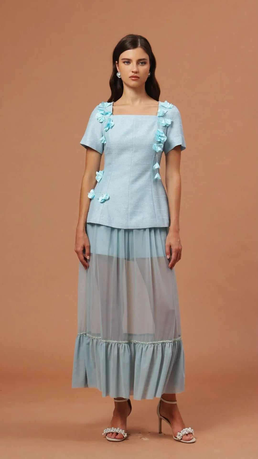 URSULA BLUE FLORAL TWO-PIECE SET SHORT SLEEVES FOLD SKIRT