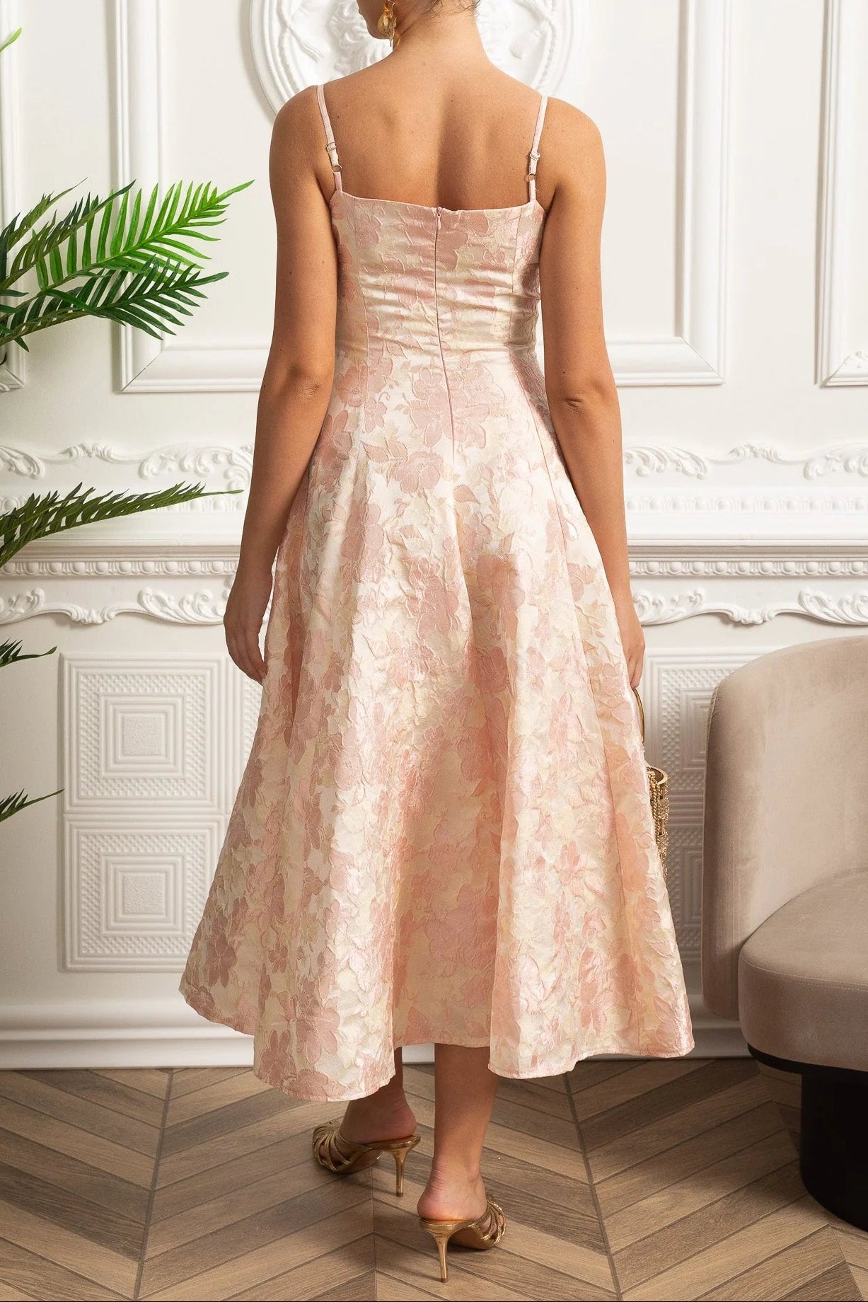 LAUREN FLORAL JACQUARD MIDI DRESS - BLUSH PINK