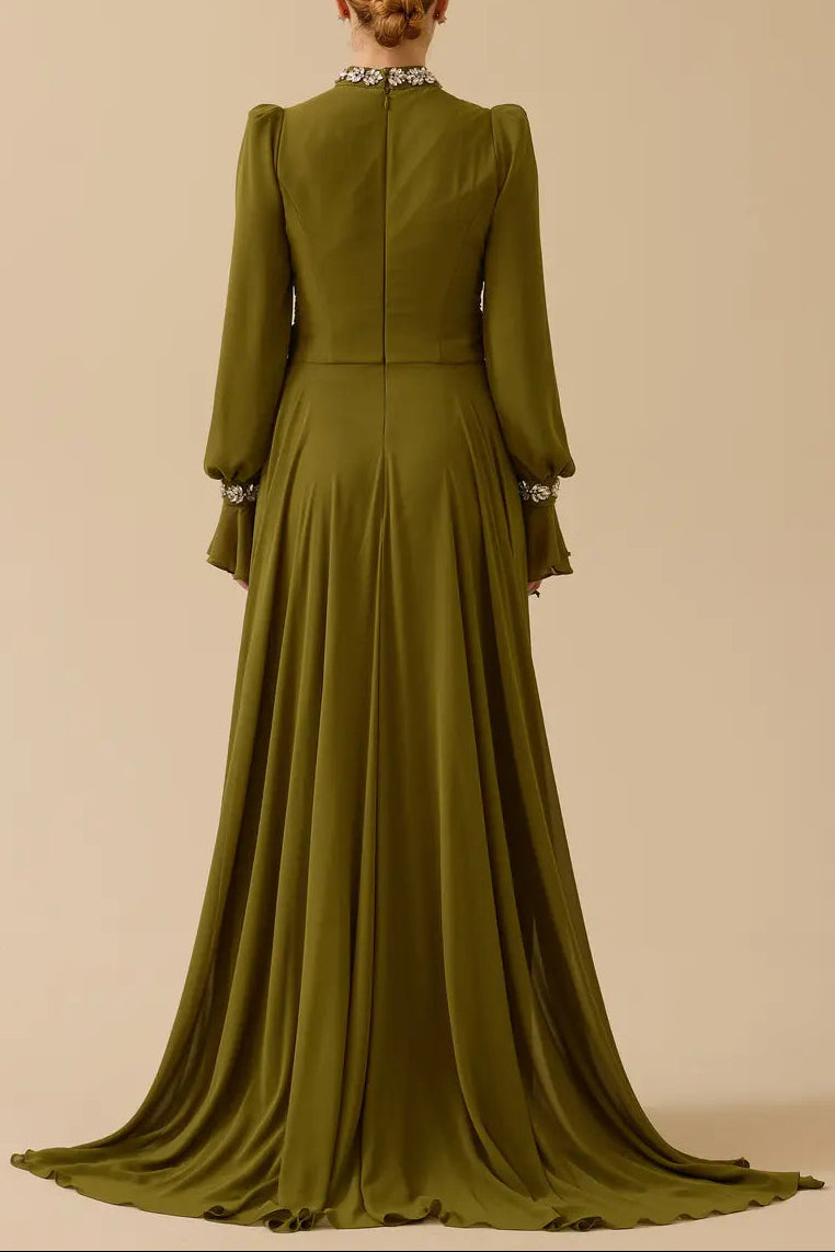 ALYSSA PUFF SLEEVE PLEATED SILK MAXI DRESS IN GREEN