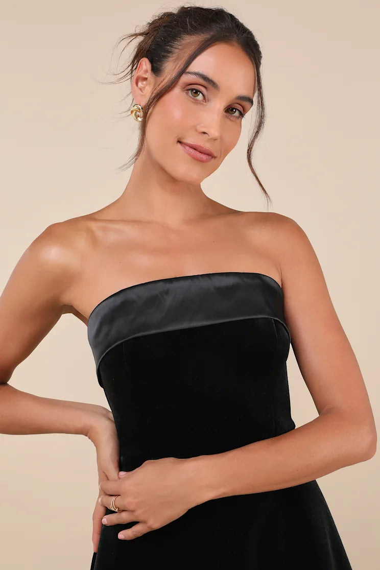 PHOEBE BLACK VELVET STRAPLESS COCKTAIL MINI DRESS