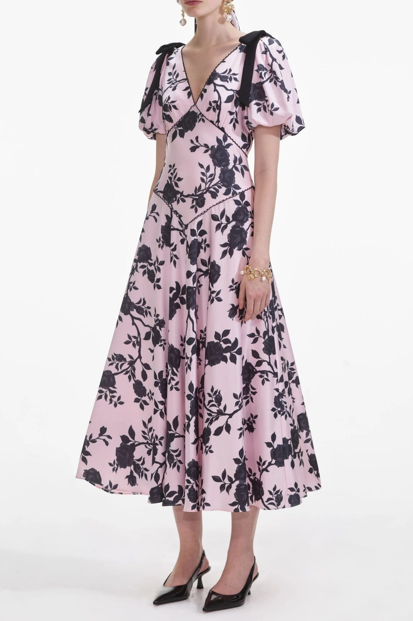 V-NECK SATIN FLORAL MIDI DRESS PINK