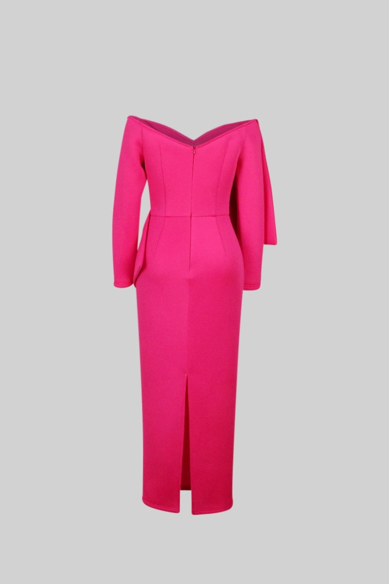 LONG SLEEVE CUTOUT RIBBON MIDI DRESS FUCHSIA