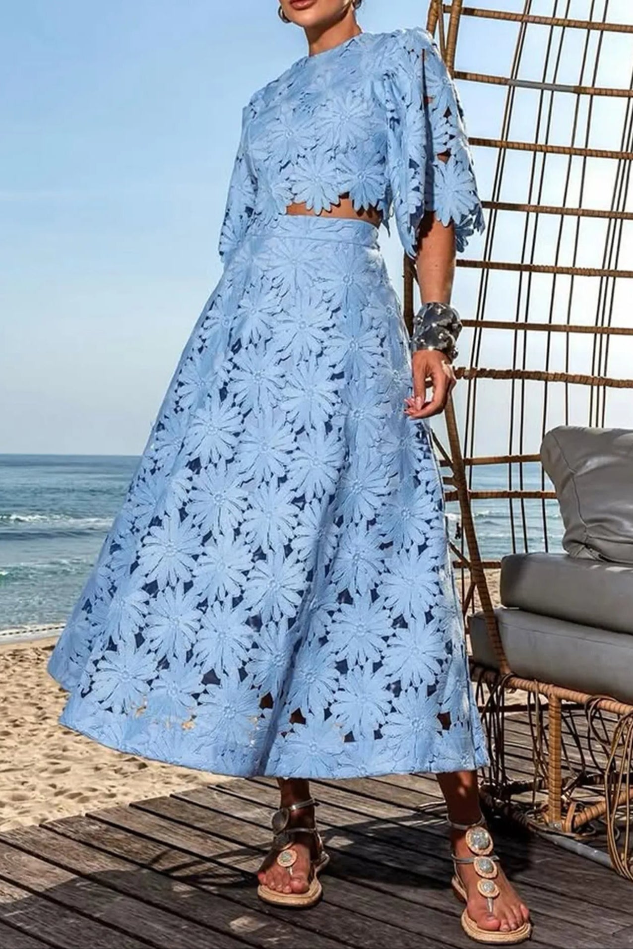 LACE EMBROIDERED BLUE TWO-PIECE SET, MAXI SKIRT, BOHO