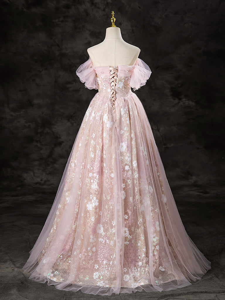 A-LINE OFF SHOULDER PINK PARTY DRESS