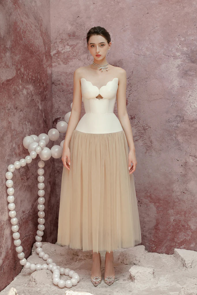 TWO-TONE TUBE TOP TULLE MIDI DRESS