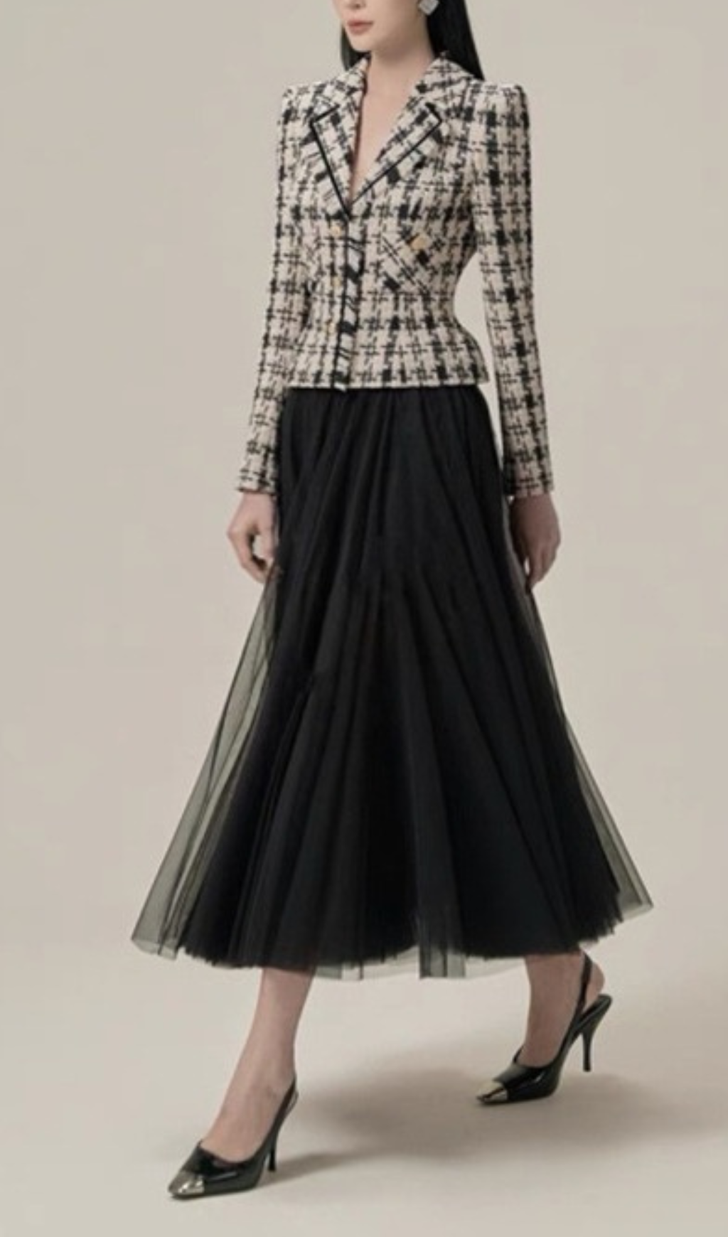 PLAID MESH SKIRT SUIT FOR OFFICE PARTY