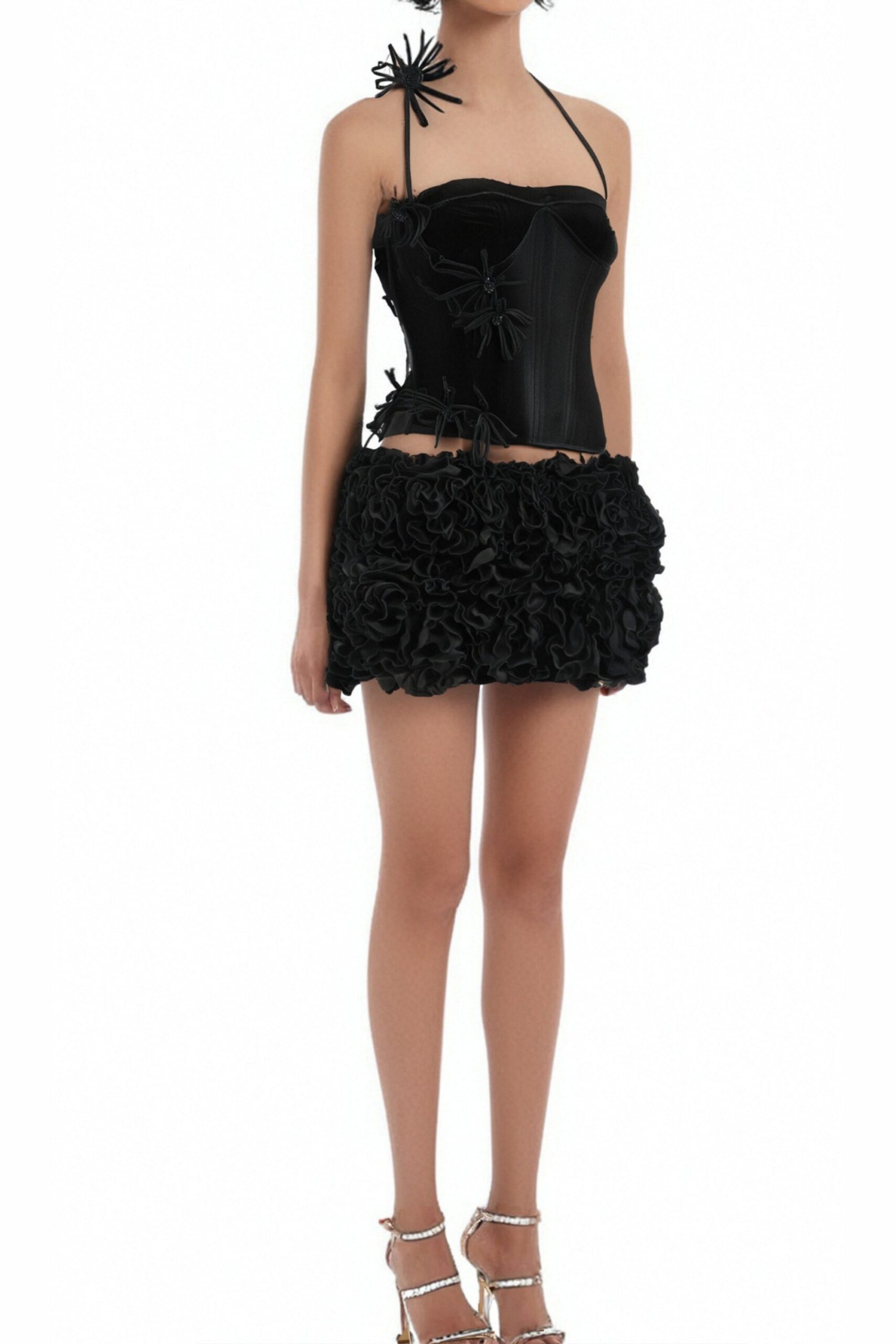 VELVET CORSET FLORAL MINI SKIRT SUIT BLACK