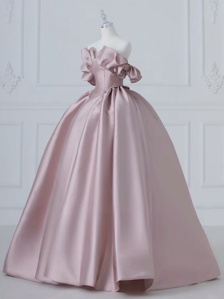 A-LINE PINK SATIN PROM GOWN